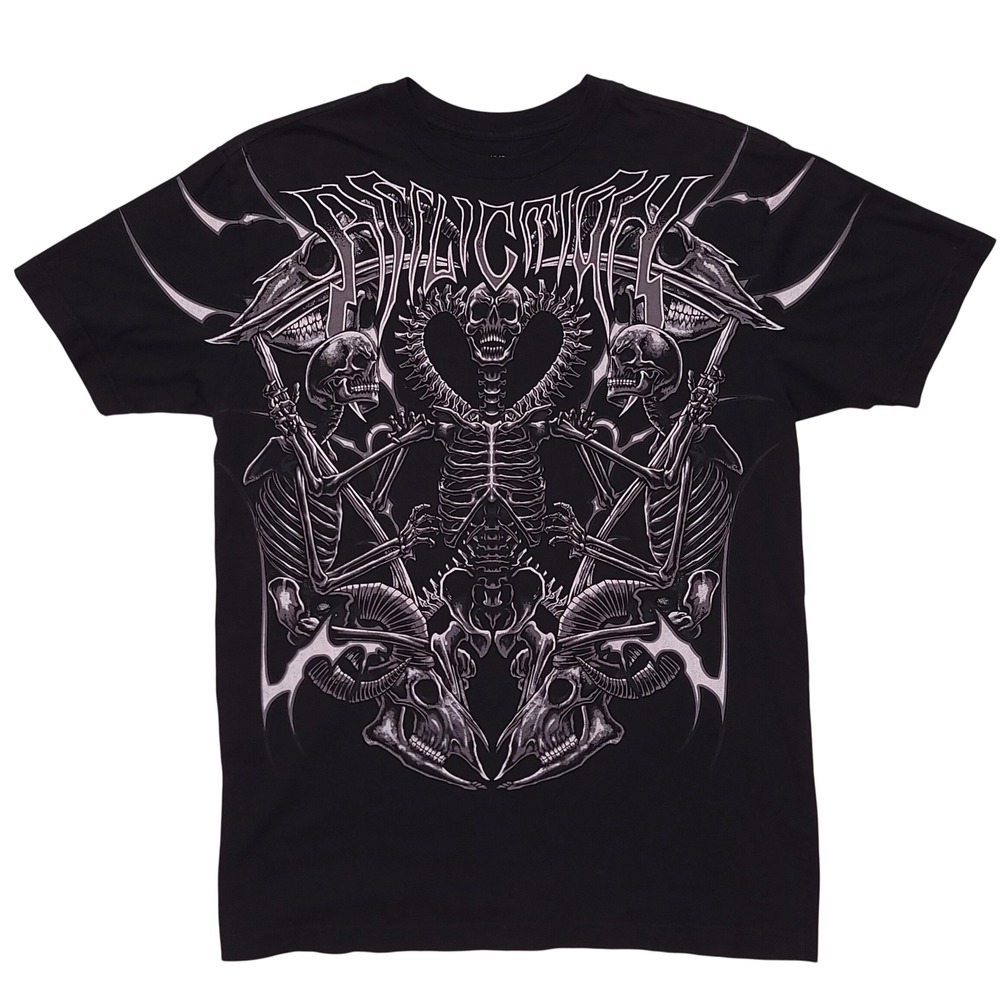 Affliction Imperial Beast Mens Large Black T-Shirt Skeleton Heart Scythes